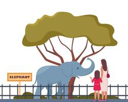 Elephant on territory of wildlife zoo park surrounded by fence. Parent and kid watching animals in zoo park. illustration. vector