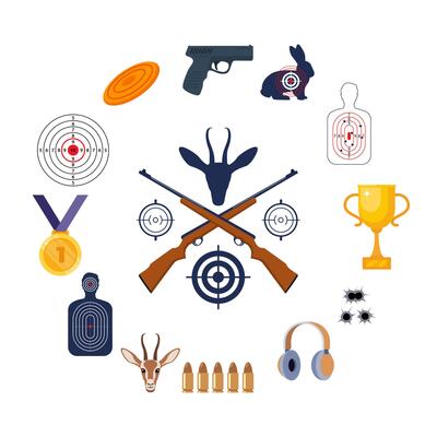 Hunting club emblem logo with crossed rifles. Shooting accessories around. Target, rifle, bullets, headphones, gold cup, medal, shooting clay. .