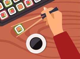 Sushi on wooden board with sushi chopsticks and soy sauce. Hand holds chopsticks with sushi. Hand holds bamboo sticks. Sushi illustration with trout fish, salmon and caviar. illustration. vector