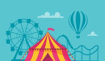 Amusement park composition with outdoor scenery and view of circus, rollercoaster and ferris wheel. illustration. vector