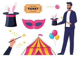 Magician demonstrating trick and taking rabbit out of top hat. Circus tent, ticket, mask, balloons. Set of elements on circus theme. illustration. vector