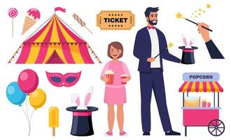 Magician demonstrating trick and taking rabbit out of top hat. Circus tent, ticket, mask, balloons, happy kid with popcorn. Set of elements on circus theme. illustration. vector