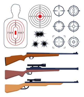 Collection of rifle. Shooting range paper target with divisions, marks and numbers. Human shoot target. Sport competition and hunting. Bullseye and aim. illustration.