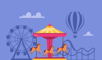 Amusement park composition with outdoor scenery and view of Carousel merry go round with horses, rollercoaster and ferris wheel. illustration. vector