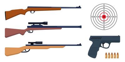 Collection of rifle. Shooting range paper target with divisions, marks and numbers. Pistol Gun and bullets. Small arms. illustration. vector