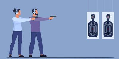Focused man and woman Practicing Shooting Skills At Indoor Range. Characters In Ear Protection Stands Confidently, Aiming Pistols At Target. illustration. vector