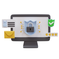 3d Icon Monitor Padlock Shield ID Verification Envelope Password Check Mark. Cybersecurity Protection concept. 3d illustration for web or app png