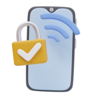 3D Icon Smartphone Yellow Padlock Approve Wifi Sign. Secured Devices Concept. 3D Render Illustration png
