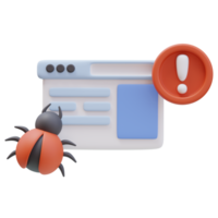 3d Icon Website Page Warning Sign Red Bug. Programming and Coding. Fixing Bug. Web Development, Software Testing, Finding Bugs. 3D illustration for web and app png