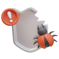 3d Icon Broken Shield Red Bug Warning Exclamation Sign. Damaged Protection. Cybersecurity Protection concept. 3d illustration for web or app png