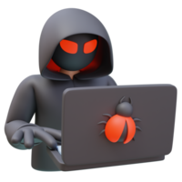 3d Icon Hacker Black Hoodie Red Eyes Laptop Bug. Hacker Stealing. Cybersecurity Protection concept. 3d illustration for web or app png