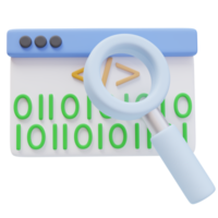 3D Icon Web Page Code Magnifying Glass. Vulnerability Scanning. 3D illustration for web or app png