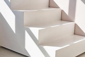 Stairs podium, stairs platform. Podium with stairs . Studio room background with sunlight and shadows for product demonstration. The shadow of geometry form. photo