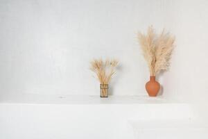 An empty podium and product layouts with space to copy, dried flowers in a vase in a minimalist style and with shadows. photo