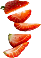 Sliced strawberries splash floating in air isolated in transparent background for packaging, poster, nutrition label, fresh ripe red strawberry png