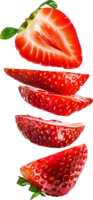 Sliced strawberries splash floating in air isolated in transparent background for packaging, poster, nutrition label, fresh ripe red strawberry png