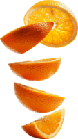 Sliced orange, citrus, tangerine, mandarin, splash floating in air isolated in transparent background for packaging, poster, nutrition label, fresh ripe oranges png