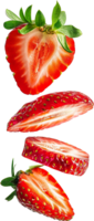 Sliced strawberries splash floating in air isolated in transparent background for packaging, poster, nutrition label, fresh ripe red strawberry png