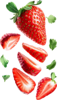 Sliced strawberries splash floating in air isolated in transparent background for packaging, poster, nutrition label, fresh ripe red strawberry png