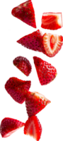 Sliced strawberries splash floating in air isolated in transparent background for packaging, poster, nutrition label, fresh ripe red strawberry png
