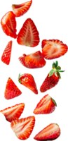 Sliced strawberries splash floating in air isolated in transparent background for packaging, poster, nutrition label, fresh ripe red strawberry png