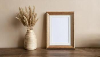 Brown wooden frame with poster mock up and dry reed in vase on table. photo