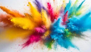 Multicolored powder explodes in the air. Abstract brightly colored haze for Holi festival. photo