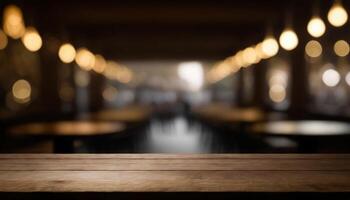 Empty wooden table in front of blurred bokeh background of restaurant. For display or montage products photo