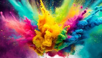Multicolored powder explodes in the air. Abstract colored haze for Holi festival. photo