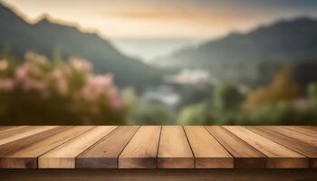 Empty wooden table in front of blurred natural background. Mock up for display or montage products photo