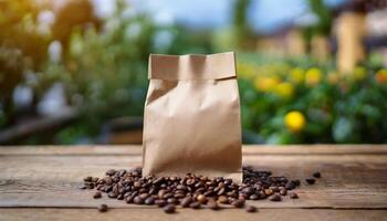 Blank craft paper bag with coffee beans on wooden table. Blurred natural backdrop. Mock-up photo