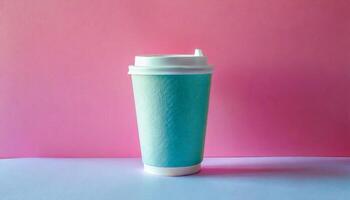 Disposable paper coffee cup with lid. Empty drinking mug mock-up. Take away package. photo