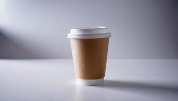 Disposable paper coffee cup with lid. Empty polystyrene drinking mug mock-up. photo