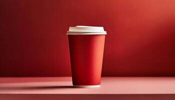 Disposable paper coffee cup with lid. Empty polystyrene drinking mug mock-up. photo
