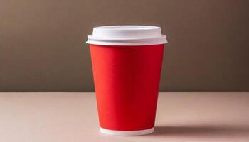 Disposable paper coffee cup with lid. Empty polystyrene drinking mug mock-up. photo
