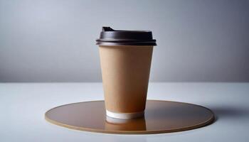 Disposable paper coffee cup with lid. Empty polystyrene drinking mug mock-up. photo