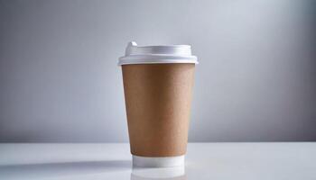 Disposable paper coffee cup with lid. Empty polystyrene drinking mug mock-up. photo