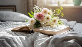 Open book with bouquet of flowers on messy bed. photo