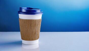 Disposable paper coffee cup with lid. Empty polystyrene drinking mug mock-up. Tea take away package. photo