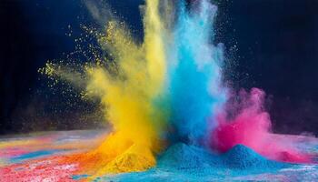 Multicolored powder paint explodes in the air. Abstract brightly colored haze for Holi festival. photo