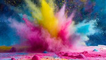 Multicolored powder paint explodes in the air. Abstract brightly colored haze for Holi festival. photo
