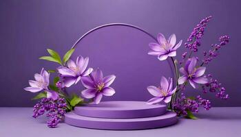 Mock up with round stone podium and spring flowers on purple background. photo