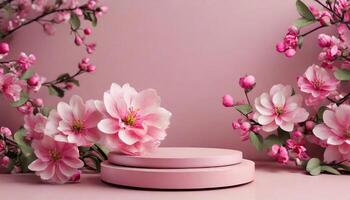 Mock up with round stone podium and spring flowers on pink background. photo