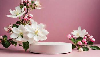 Mock up with round stone podium and spring floral branches on pink background. photo