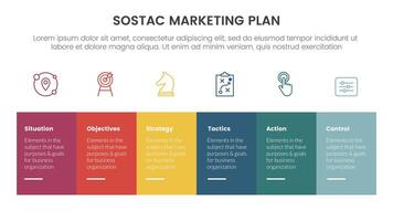 sostac digital marketing plan infographic 6 point stage template with rectangle table box with symmetric balance right direction for slide presentation vector