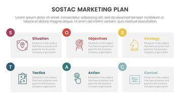 sostac digital marketing plan infographic 6 point stage template with table box and small circle badge for slide presentation vector