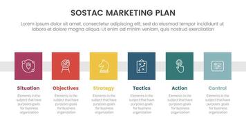 sostac digital marketing plan infographic 6 point stage template with small square badge right direction for slide presentation vector