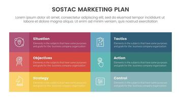 sostac digital marketing plan infographic 6 point stage template with long rectangle box shape table information for slide presentation vector