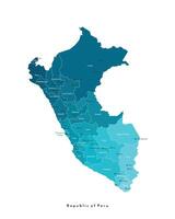 modern isolated illustration. Simplified administrative map of Peru in blue trendy colors. White background and outlines. Names of Peruvian cities, provinces vector