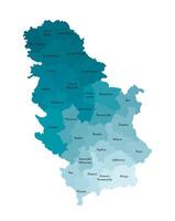 isolated illustration of simplified administrative map of Serbia. Borders and name of the districts. Colorful blue khaki silhouettes. vector